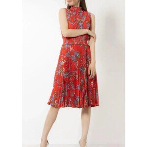 Nanette Lepore Dress 4 Pleat Mock Neck Smocked Red Orange Yellow Floral Washable